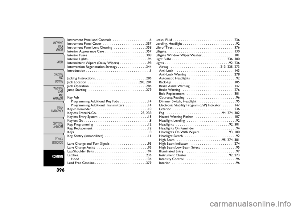 FIAT FREEMONT 2015 1.G User Guide Instrument Panel and Controls..................6
Instrument Panel Cover . . . ..................357
Instrument Panel Lens Cleaning ................358
Interior Appearance Care . . . .................3