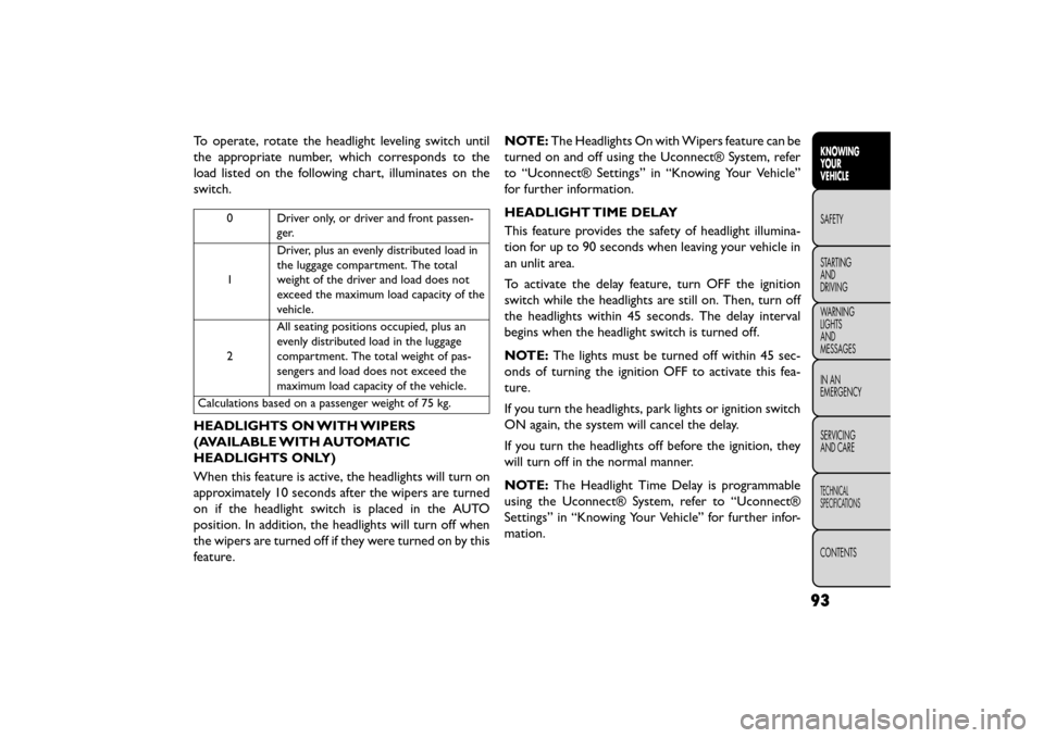 FIAT FREEMONT 2015 1.G Owners Manual To operate, rotate the headlight leveling switch until
the appropriate number, which corresponds to the
load listed on the following chart, illuminates on the
switch.
0 Driver only, or driver and fron