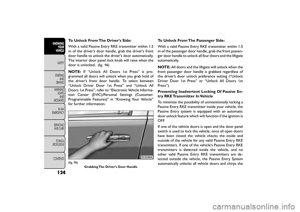 FIAT FREEMONT 2016 1.G Owners Manual To Unlock From The Drivers Side:
With a valid Passive Entry RKE transmitter within 1.5
m of the drivers door handle, grab the drivers front
door handle to unlock the drivers door automatically.
Th FIAT FREEMONT 2016 1.G Owners Manual To Unlock From The Drivers Side:
With a valid Passive Entry RKE transmitter within 1.5
m of the drivers door handle, grab the drivers front
door handle to unlock the drivers door automatically.
Th