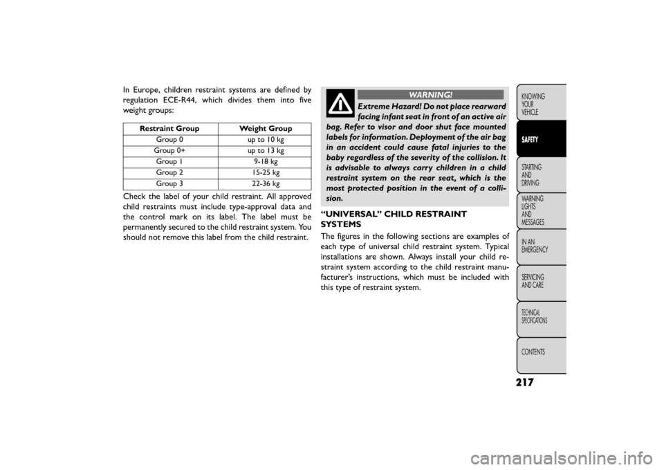 FIAT FREEMONT 2016 1.G Owners Manual In Europe, children restraint systems are defined by
regulation ECE-R44, which divides them into five
weight groups:
Restraint GroupWeight Group
Group0 upto10kg
Group 0+ up to 13 kg
Group 1 9-18 kg
Gr FIAT FREEMONT 2016 1.G Owners Manual In Europe, children restraint systems are defined by
regulation ECE-R44, which divides them into five
weight groups:
Restraint GroupWeight Group
Group0 upto10kg
Group 0+ up to 13 kg
Group 1 9-18 kg
Gr