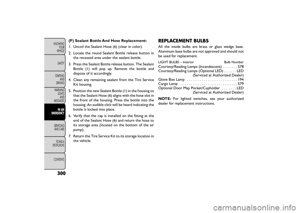 FIAT FREEMONT 2016 1.G Owners Manual (F) Sealant Bottle And Hose Replacement:
1. Uncoil the Sealant Hose (6) (clear in color).
2. Locate the round Sealant Bottle release button inthe recessed area under the sealant bottle.
3. Press the S