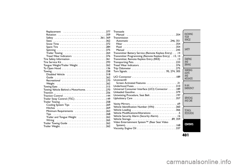 FIAT FREEMONT 2016 1.G User Guide Replacement . . ....................... .377
Rotation . . . . . . . . . ................... .359
Safety ........................... .361, 369
Sizes ............................... .362
SnowTires .....
