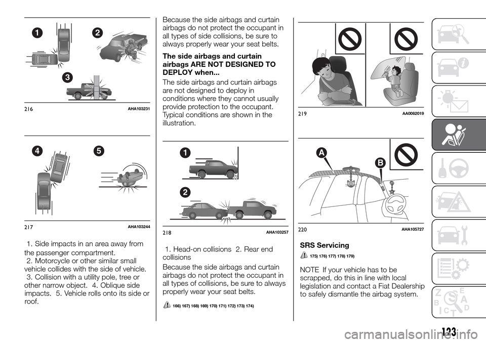 FIAT FULLBACK 2016 1.G Owners Manual 1. Side impacts in an area away from
the passenger compartment.
2. Motorcycle or other similar small
vehicle collides with the side of vehicle.
3. Collision with a utility pole, tree or
other narrow o FIAT FULLBACK 2016 1.G Owners Manual 1. Side impacts in an area away from
the passenger compartment.
2. Motorcycle or other similar small
vehicle collides with the side of vehicle.
3. Collision with a utility pole, tree or
other narrow o