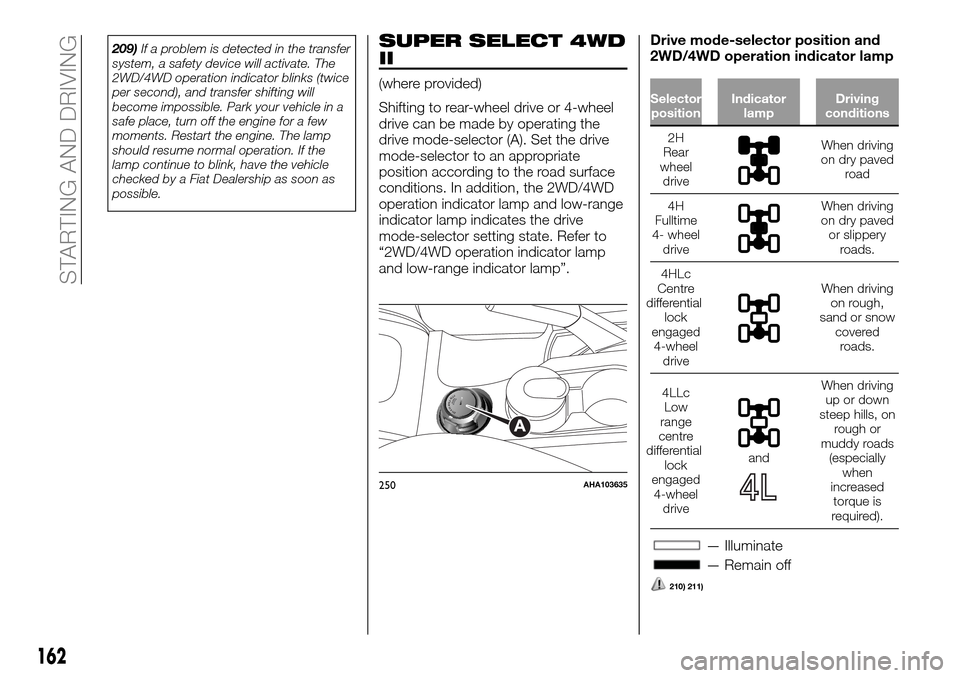 FIAT FULLBACK 2016 1.G Owners Manual 209)If a problem is detected in the transfer
system, a safety device will activate. The
2WD/4WD operation indicator blinks (twice
per second), and transfer shifting will
become impossible. Park your v