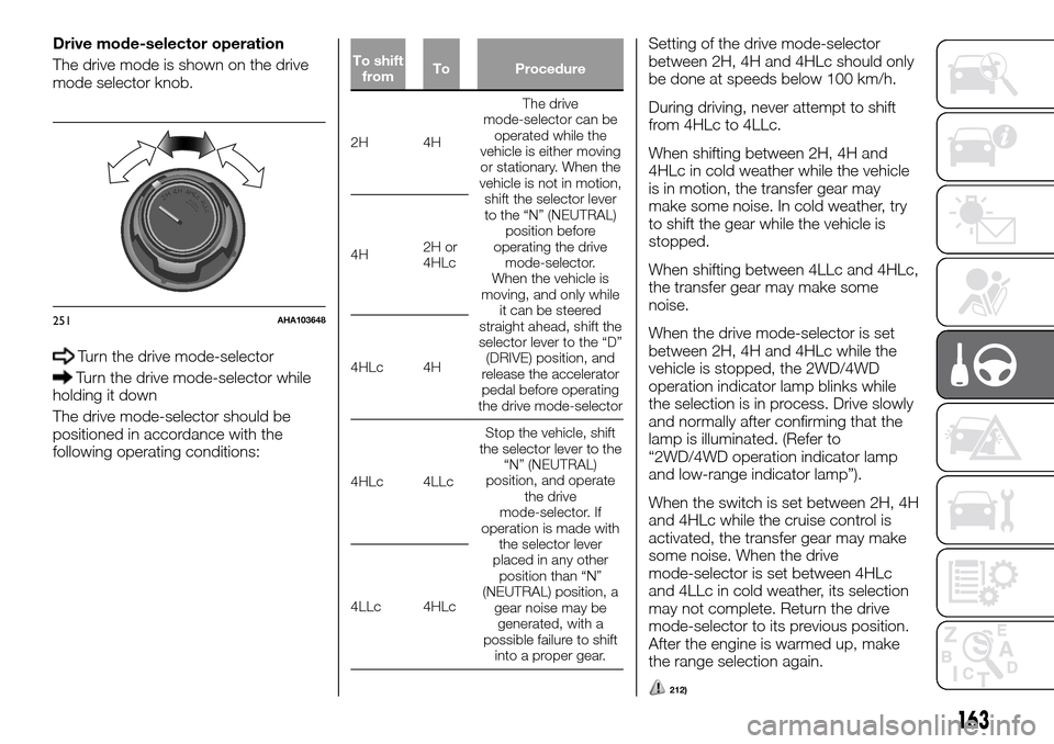 FIAT FULLBACK 2016 1.G Owners Manual Drive mode-selector operation
The drive mode is shown on the drive
mode selector knob.
Turn the drive mode-selector
Turn the drive mode-selector while
holding it down
The drive mode-selector should be FIAT FULLBACK 2016 1.G Owners Manual Drive mode-selector operation
The drive mode is shown on the drive
mode selector knob.
Turn the drive mode-selector
Turn the drive mode-selector while
holding it down
The drive mode-selector should be