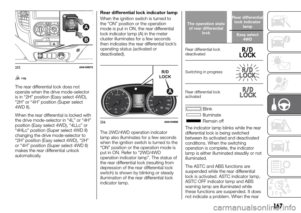 FIAT FULLBACK 2016 1.G Owners Manual 110)
The rear differential lock does not
operate when the drive mode-selector
is in “2H” position (Easy select 4WD),
“2H” or “4H” position (Super select
4WD II).
When the rear differential FIAT FULLBACK 2016 1.G Owners Manual 110)
The rear differential lock does not
operate when the drive mode-selector
is in “2H” position (Easy select 4WD),
“2H” or “4H” position (Super select
4WD II).
When the rear differential