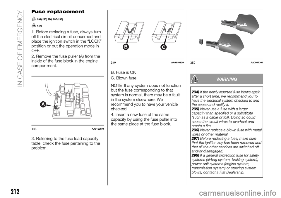 FIAT FULLBACK 2016 1.G Owners Guide Fuse replacement
294) 295) 296) 297) 298)
147)
1. Before replacing a fuse, always turn
off the electrical circuit concerned and
place the ignition switch in the “LOCK”
position or put the operatio