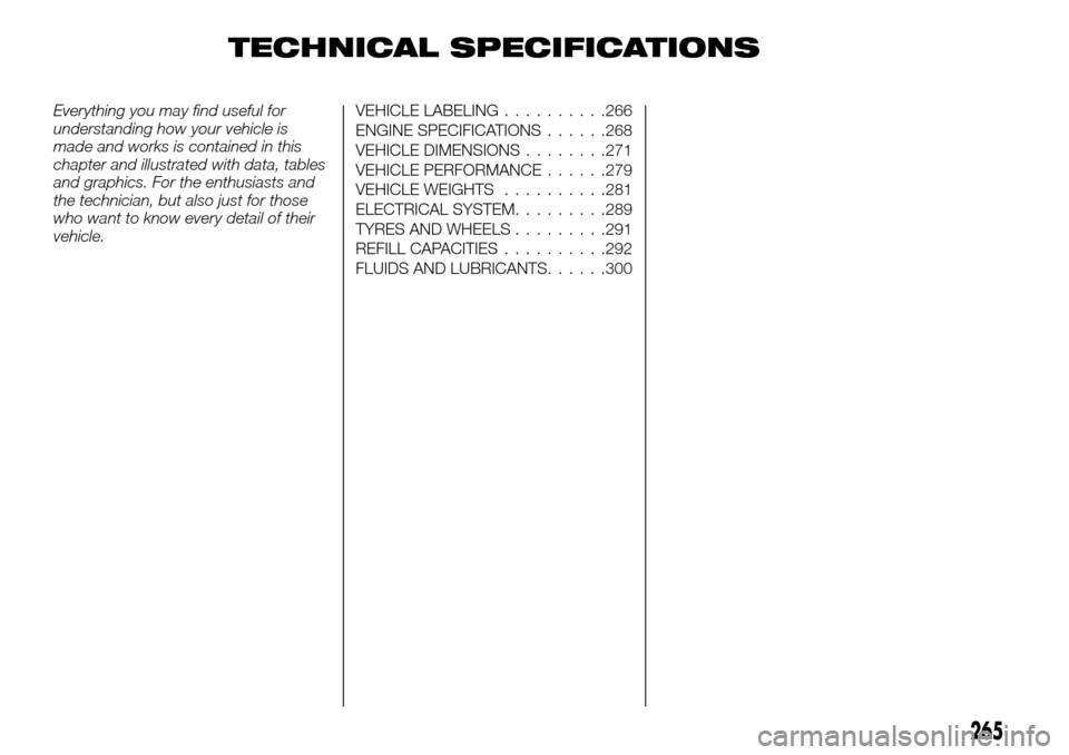 FIAT FULLBACK 2016 1.G Owners Manual TECHNICAL SPECIFICATIONS
Everything you may find useful for
understanding how your vehicle is
made and works is contained in this
chapter and illustrated with data, tables
and graphics. For the enthus