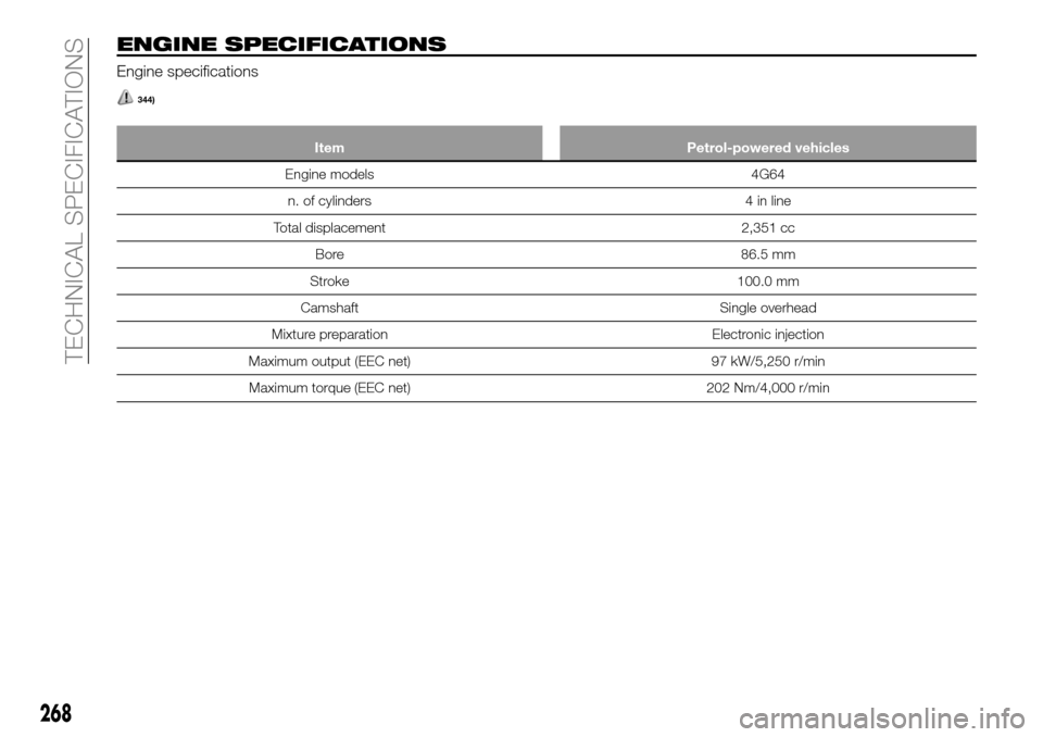 FIAT FULLBACK 2016 1.G Owners Manual ENGINE SPECIFICATIONS
Engine specifications
344)
Item Petrol-powered vehicles
Engine models 4G64
n. of cylinders 4 in line
Total displacement 2,351 cc
Bore 86.5 mm
Stroke 100.0 mm
Camshaft Single over