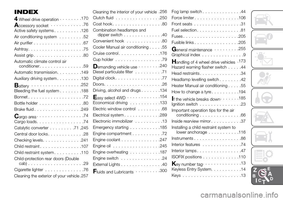 FIAT FULLBACK 2016 1.G Workshop Manual INDEX
4Wheel drive operation........170
Accessory socket............76
Active safety systems..........126
Air conditioning system.........52
Air purifier..................67
Ashtray...................