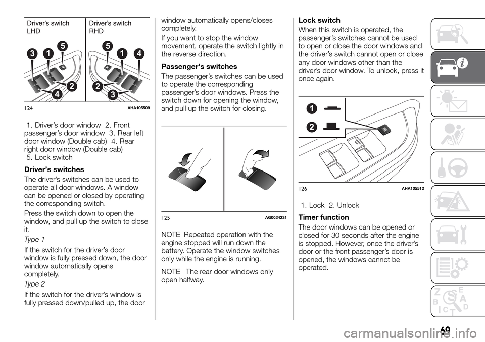 FIAT FULLBACK 2016 1.G Owners Manual 1. Driver’s door window 2. Front
passenger’s door window 3. Rear left
door window (Double cab) 4. Rear
right door window (Double cab)
5. Lock switch
Driver’s switches
The driver’s switches can