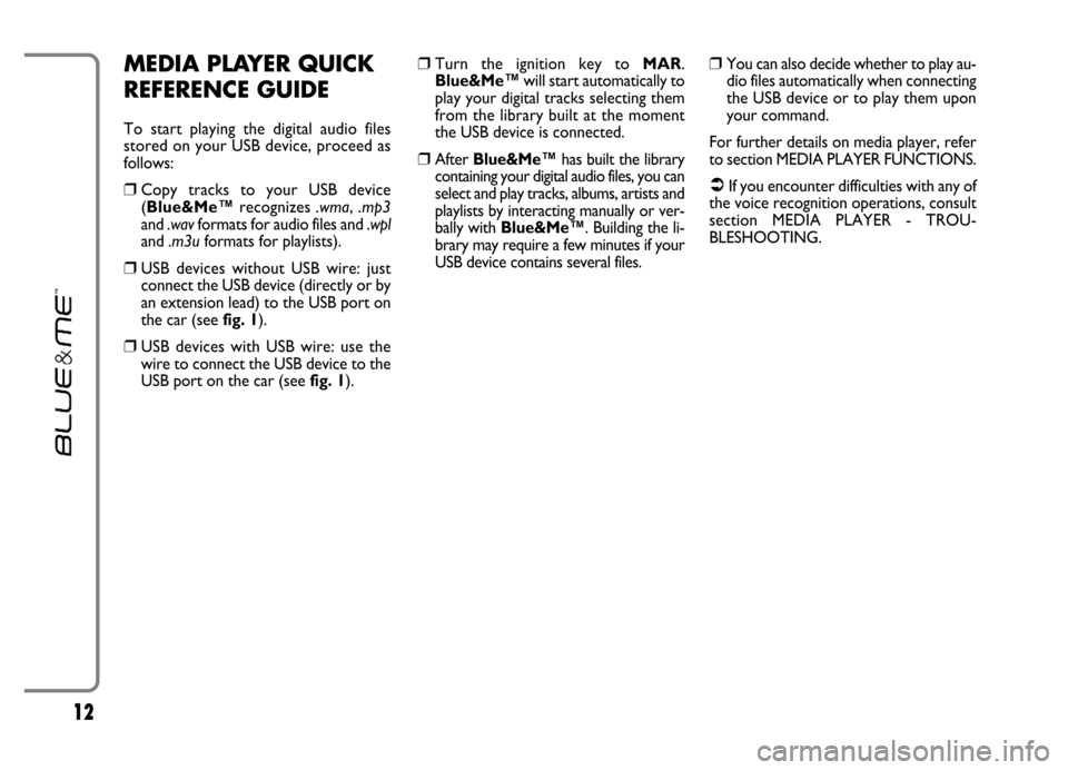 FIAT GRANDE PUNTO 2006 199 / 1.G Blue And Me User Manual 12
MEDIA PLAYER QUICK
REFERENCE GUIDE
To start playing the digital audio files
stored on your USB device, proceed as
follows:
❒Copy tracks to your USB device
(Blue&Me™recognizes .wma, . FIAT GRANDE PUNTO 2006 199 / 1.G Blue And Me User Manual 12
MEDIA PLAYER QUICK
REFERENCE GUIDE
To start playing the digital audio files
stored on your USB device, proceed as
follows:
❒Copy tracks to your USB device
(Blue&Me™recognizes .wma, .