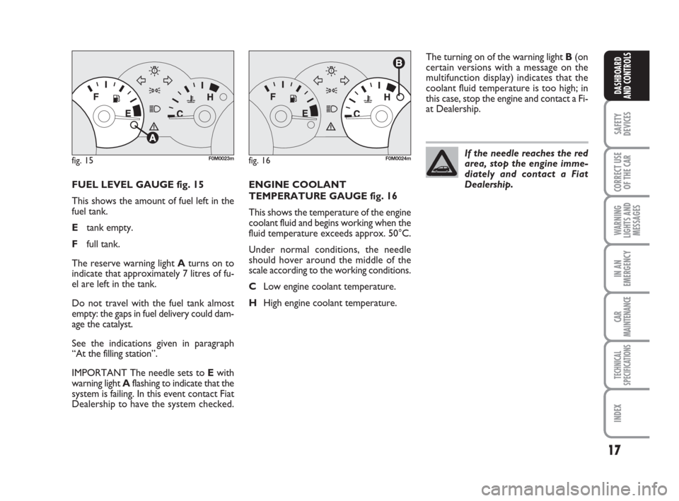 FIAT GRANDE PUNTO 2007 199 / 1.G Owners Manual 17
SAFETY
DEVICES
CORRECT USE
OF THE CAR
WARNING
LIGHTS AND
MESSAGES
IN AN
EMERGENCY
CAR
MAINTENANCE
TECHNICAL
SPECIFICATIONS
INDEX
DASHBOARD
AND CONTROLS
FUEL LEVEL GAUGE fig. 15
This shows the amoun