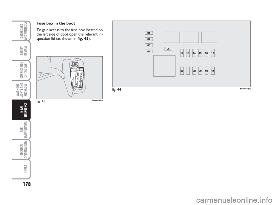 FIAT GRANDE PUNTO 2007 199 / 1.G Owners Manual 178
WARNING
LIGHTS AND
MESSAGES
CAR
MAINTENANCE
TECHNICAL
SPECIFICATIONS
IINDEX
DASHBOARD
AND CONTROLS
SAFETY
DEVICES
CORRECT USE
OF THE CAR
IN AN
EMERGENCY
Fuse box in the boot
To gain access to the 