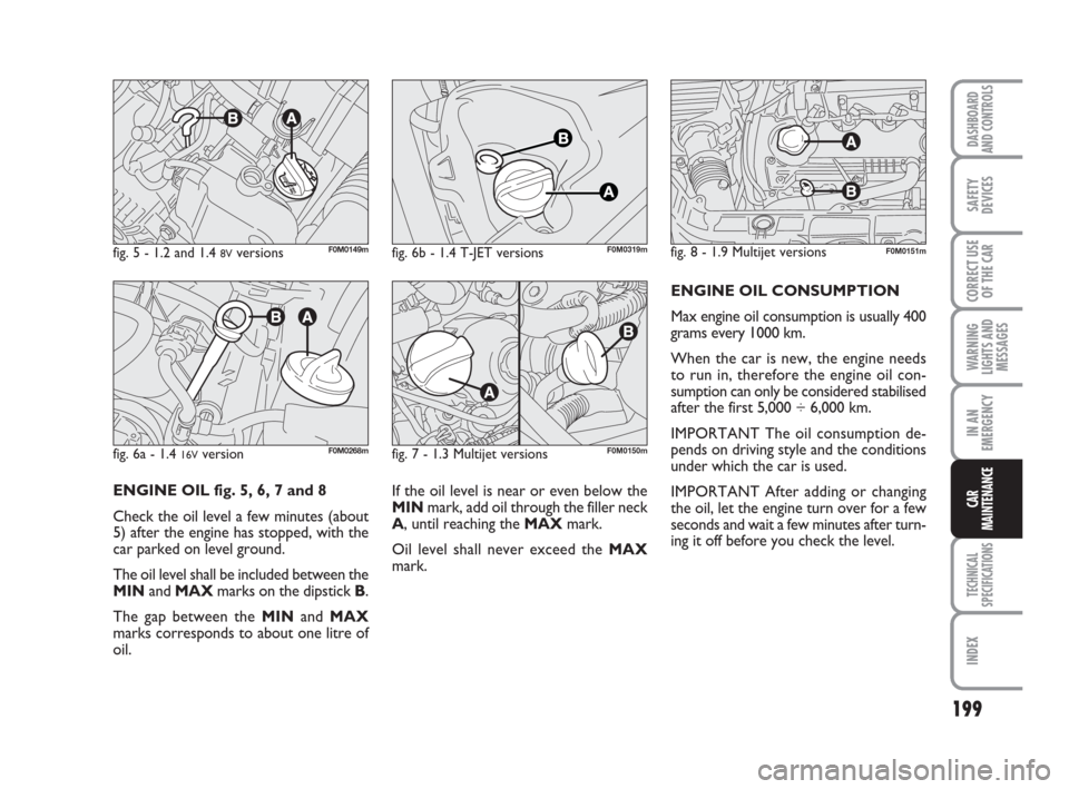 FIAT GRANDE PUNTO 2007 199 / 1.G Owners Manual If the oil level is near or even below the
MINmark, add oil through the filler neck
A, until reaching the MAXmark.
Oil level shall never exceed the MAX
mark.ENGINE OIL CONSUMPTION
Max engine oil consu FIAT GRANDE PUNTO 2007 199 / 1.G Owners Manual If the oil level is near or even below the
MINmark, add oil through the filler neck
A, until reaching the MAXmark.
Oil level shall never exceed the MAX
mark.ENGINE OIL CONSUMPTION
Max engine oil consu