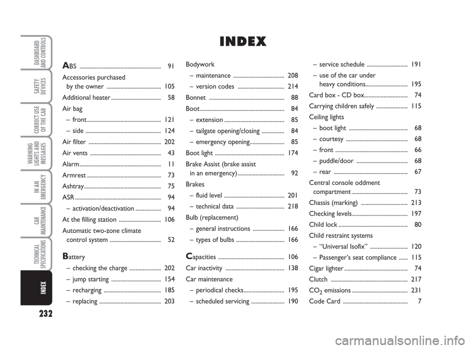 FIAT GRANDE PUNTO 2007 199 / 1.G Owners Manual 232
WARNING
LIGHTS AND
MESSAGES
DASHBOARD
AND CONTROLS
SAFETY
DEVICES
CORRECT USE
OF THE CAR
IN AN
EMERGENCY
CAR
MAINTENANCE
TECHNICAL
SPECIFICATIONS
INDEX
Bodywork
– maintenance ...................