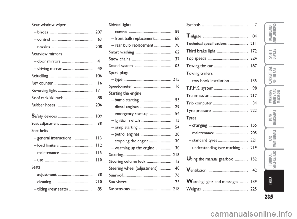 FIAT GRANDE PUNTO 2007 199 / 1.G Owners Manual 235
WARNING
LIGHTS AND
MESSAGES
DASHBOARD
AND CONTROLS
SAFETY
DEVICES
CORRECT USE
OF THE CAR
IN AN
EMERGENCY
CAR
MAINTENANCE
TECHNICAL
SPECIFICATIONS
INDEX
Side/taillights
– control ................