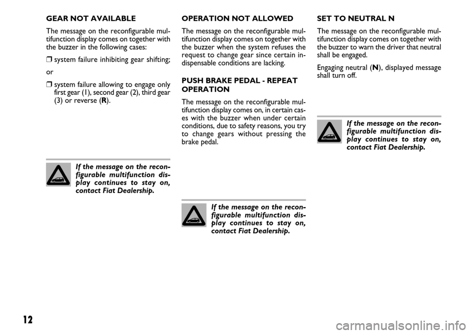 FIAT GRANDE PUNTO 2008 199 / 1.G Dualogic Transmission Manual 12
GEAR NOT AVAILABLE
The message on the reconfigurable mul-
tifunction display comes on together with
the buzzer in the following cases:
❒system failure inhibiting gear shifting;
or
❒system failu
