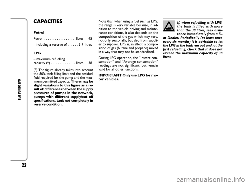 FIAT GRANDE PUNTO 2008 199 / 1.G LPG Supplement Manual 22
FIAT PUNTO LPG 
CAPACITIES
Petrol
Petrol  . . . . . . . . . . . . . . . . .  litres 45 
- including a reserve of . . . . . . 5-7  litres
LPG
– maximum refuelling
capacity (*) . . . . . . . . . . 