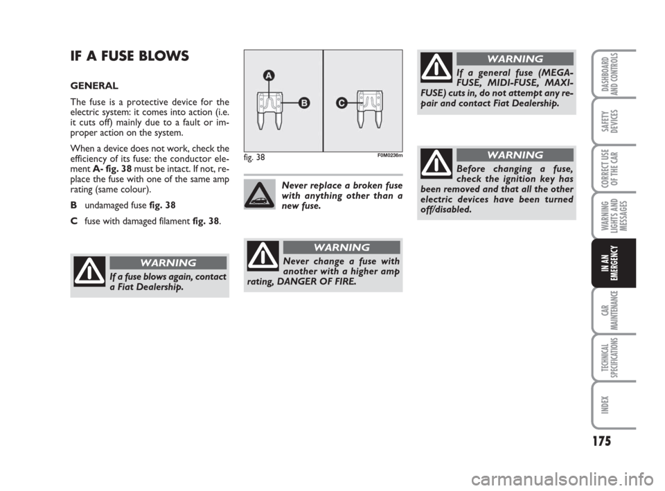 FIAT GRANDE PUNTO 2008 199 / 1.G Owners Manual 175
WARNING
LIGHTS AND
MESSAGES
CAR
MAINTENANCE
TECHNICAL
SPECIFICATIONS
INDEX
DASHBOARD
AND CONTROLS
SAFETY
DEVICES
CORRECT USE
OF THE CAR
IN AN
EMERGENCY
IF A FUSE BLOWS
GENERAL
The fuse is a protec