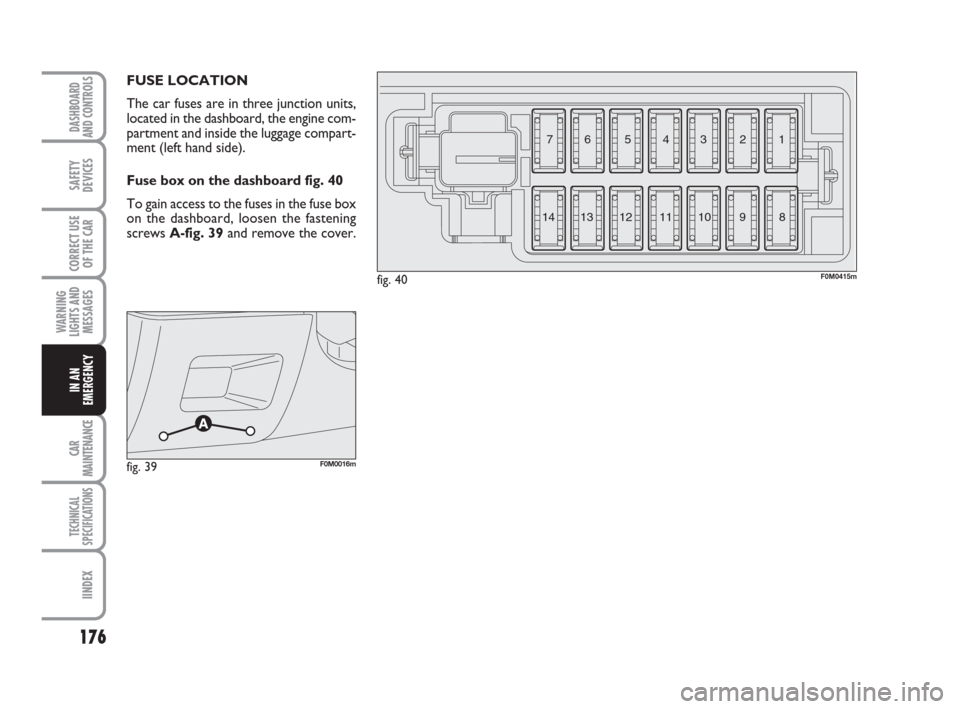 FIAT GRANDE PUNTO 2008 199 / 1.G Owners Manual 176
WARNING
LIGHTS AND
MESSAGES
CAR
MAINTENANCE
TECHNICAL
SPECIFICATIONS
IINDEX
DASHBOARD
AND CONTROLS
SAFETY
DEVICES
CORRECT USE
OF THE CAR
IN AN
EMERGENCY
FUSE LOCATION
The car fuses are in three ju