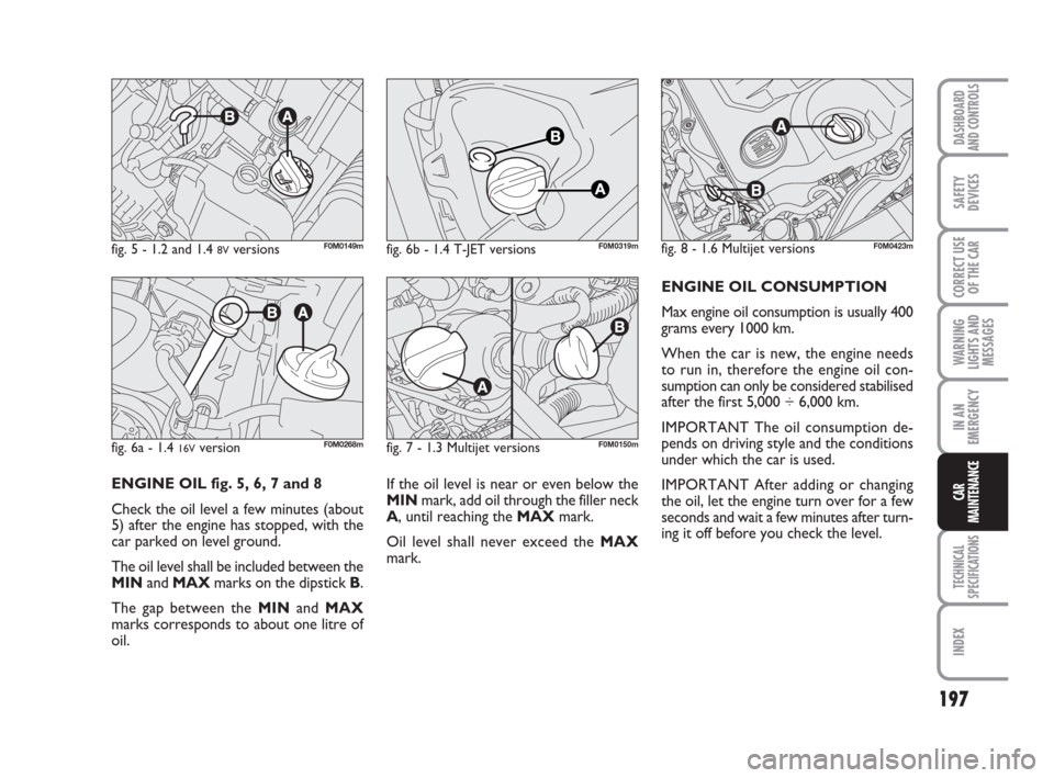 FIAT GRANDE PUNTO 2008 199 / 1.G Manual PDF If the oil level is near or even below the
MINmark, add oil through the filler neck
A, until reaching the MAXmark.
Oil level shall never exceed the MAX
mark.ENGINE OIL CONSUMPTION
Max engine oil consu