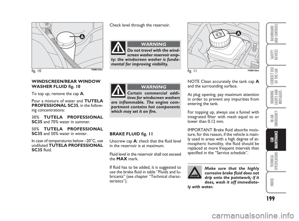 FIAT GRANDE PUNTO 2008 199 / 1.G Manual PDF 199
WARNING
LIGHTS AND
MESSAGES
TECHNICAL
SPECIFICATIONS
INDEX
DASHBOARD
AND CONTROLS
SAFETY
DEVICES
CORRECT USE
OF THE CAR
IN AN
EMERGENCY
CAR
MAINTENANCE
fig. 10F0M0154m
WINDSCREEN/REAR WINDOW
WASHE