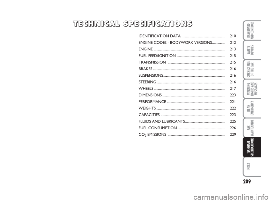 FIAT GRANDE PUNTO 2008 199 / 1.G Manual PDF 209
WARNING
LIGHTS AND
MESSAGES
INDEX
DASHBOARD
AND CONTROLS
SAFETY
DEVICES
CORRECT USE
OF THE CAR
IN AN
EMERGENCY
CAR
MAINTENANCE
TECHNICAL
SPECIFICATIONS
IDENTIFICATION DATA ........................