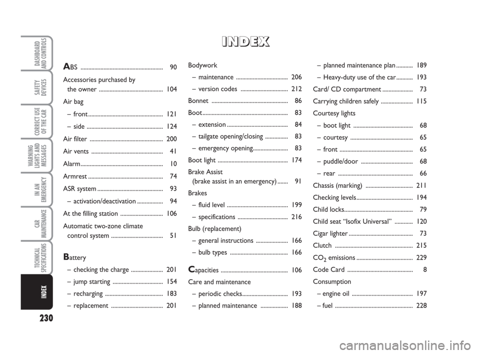 FIAT GRANDE PUNTO 2008 199 / 1.G Owners Manual 230
WARNING
LIGHTS AND
MESSAGES
DASHBOARD
AND CONTROLS
SAFETY
DEVICES
CORRECT USE
OF THE CAR
IN AN
EMERGENCY
CAR
MAINTENANCE
TECHNICAL
SPECIFICATIONS
INDEX
Bodywork
– maintenance ...................