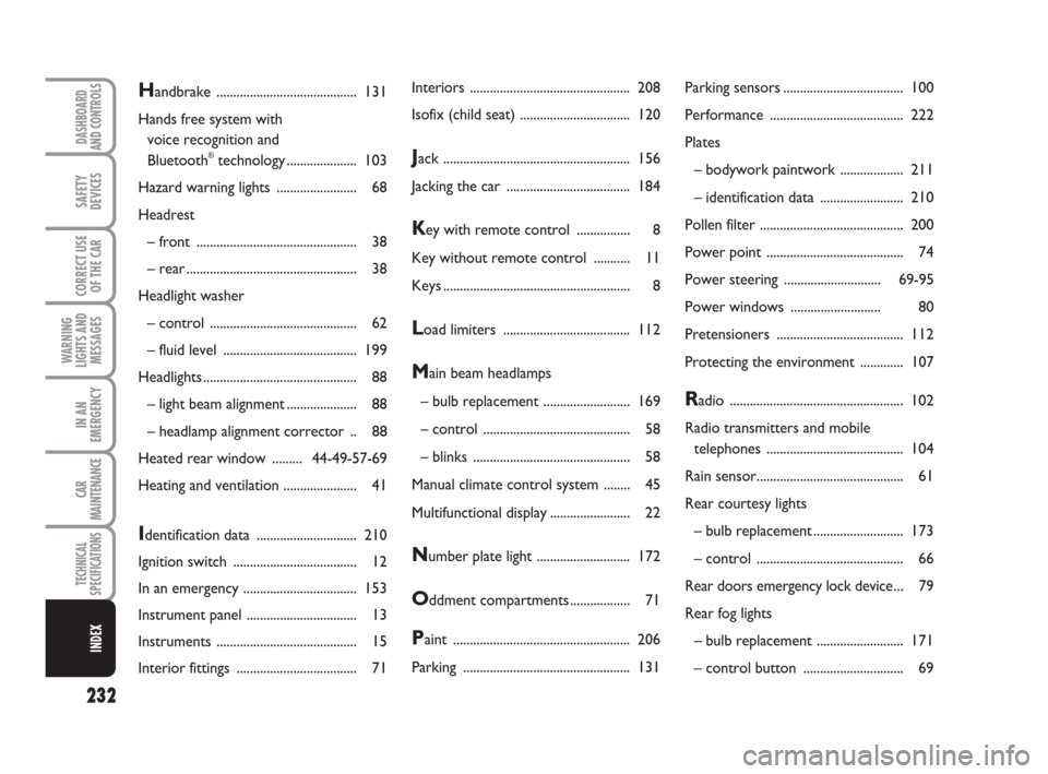 FIAT GRANDE PUNTO 2008 199 / 1.G Owners Manual 232
WARNING
LIGHTS AND
MESSAGES
DASHBOARD
AND CONTROLS
SAFETY
DEVICES
CORRECT USE
OF THE CAR
IN AN
EMERGENCY
CAR
MAINTENANCE
TECHNICAL
SPECIFICATIONS
INDEX
Interiors ..................................