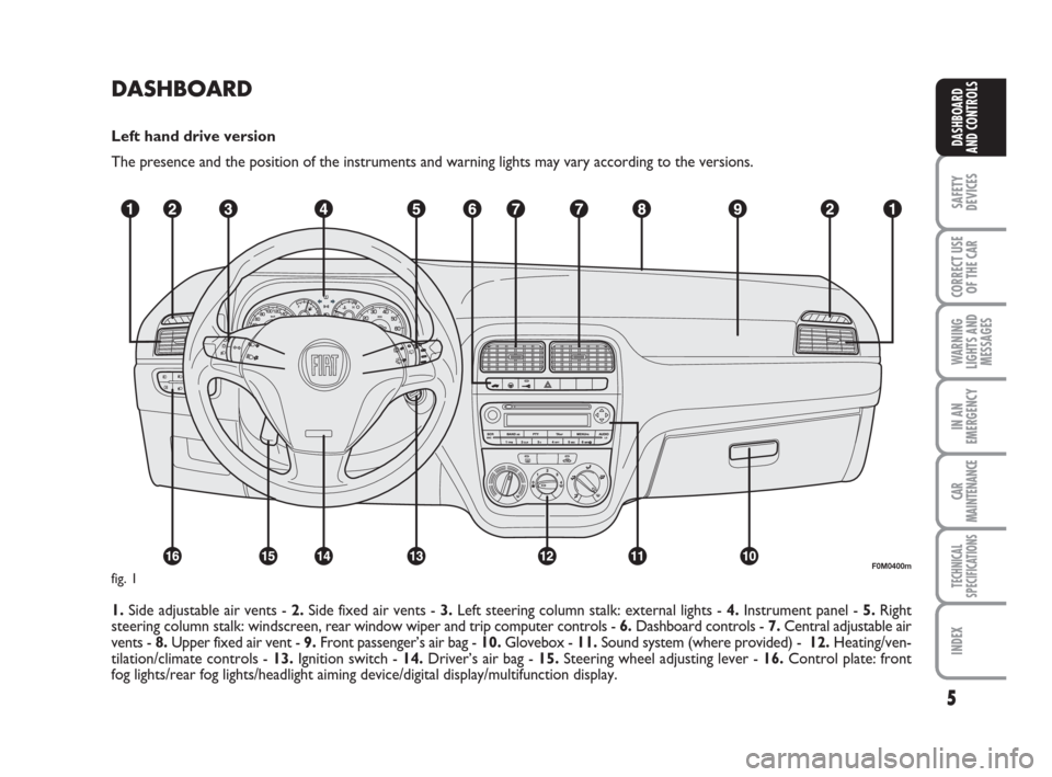 FIAT GRANDE PUNTO 2008 199 / 1.G Owners Manual DASHBOARD
Left hand drive version
The presence and the position of the instruments and warning lights may vary according to the versions.
1. Side adjustable air vents - 2.Side fixed air vents - 3.Left FIAT GRANDE PUNTO 2008 199 / 1.G Owners Manual DASHBOARD
Left hand drive version
The presence and the position of the instruments and warning lights may vary according to the versions.
1. Side adjustable air vents - 2.Side fixed air vents - 3.Left