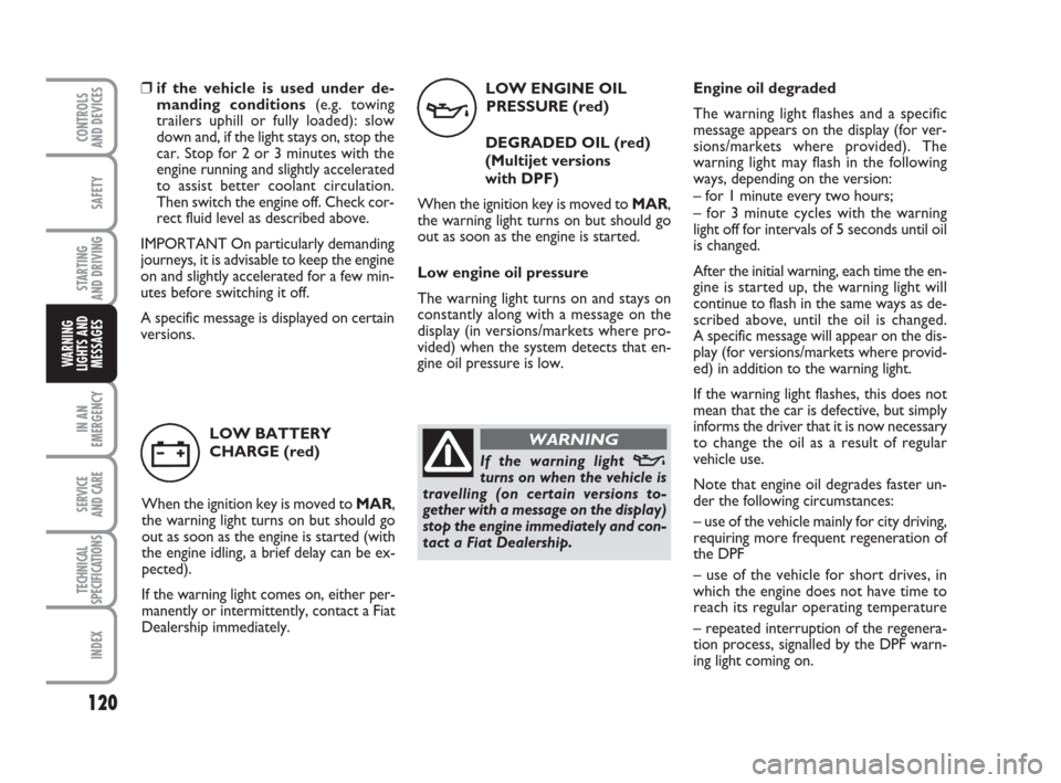 FIAT GRANDE PUNTO 2009 199 / 1.G Owners Manual 120
SAFETY
STARTING 
AND DRIVING
IN AN
EMERGENCY
SERVICE 
AND CARE
TECHNICAL
SPECIFICATIONS
INDEX
CONTROLS
AND DEVICES
WARNING
LIGHTS AND
MESSAGES
LOW ENGINE OIL
PRESSURE (red)
DEGRADED OIL (red)
(Mul
