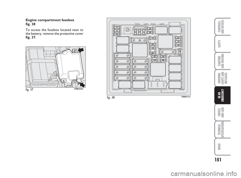 FIAT GRANDE PUNTO 2009 199 / 1.G User Guide 151
SAFETY
STARTING 
AND DRIVING
WARNING
LIGHTS AND
MESSAGES
SERVICE 
AND CARE
TECHNICAL
SPECIFICATIONS
INDEX
CONTROLS
AND DEVICES
IN AN
EMERGENCY
Engine compartment fusebox 
fig. 38
To access the fus