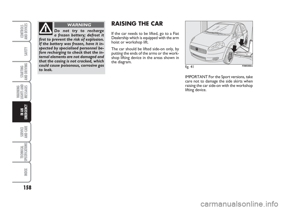 FIAT GRANDE PUNTO 2009 199 / 1.G Owners Manual 158
SAFETY
STARTING 
AND DRIVING
WARNING
LIGHTS AND
MESSAGES
SERVICE 
AND CARE
TECHNICAL
SPECIFICATIONS
INDEX
CONTROLS
AND DEVICES
IN AN
EMERGENCY
fig. 41F0M0366m
RAISING THE CAR
If the car needs to b