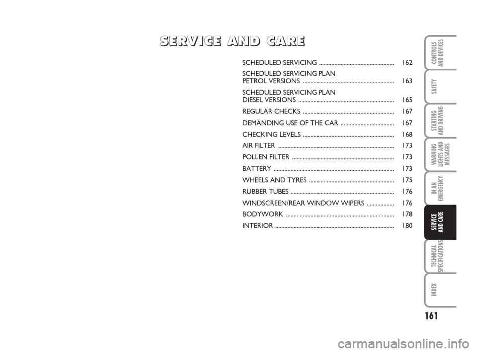 FIAT GRANDE PUNTO 2009 199 / 1.G Owners Manual 161
SAFETY
STARTING 
AND DRIVING
WARNING
LIGHTS AND
MESSAGES
IN AN
EMERGENCY
TECHNICAL
SPECIFICATIONS
INDEX
CONTROLS
AND DEVICES
SERVICE 
AND CARE
SCHEDULED SERVICING .................................