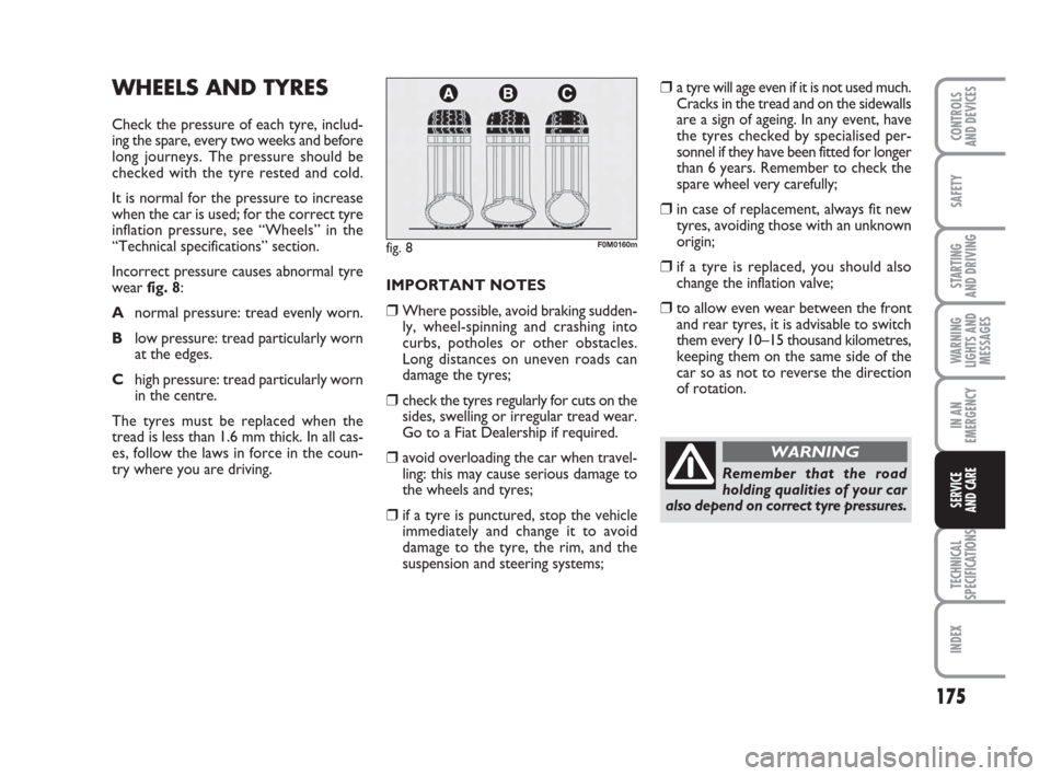 FIAT GRANDE PUNTO 2009 199 / 1.G Owners Manual 175
SAFETY
STARTING 
AND DRIVING
WARNING
LIGHTS AND
MESSAGES
IN AN
EMERGENCY
TECHNICAL
SPECIFICATIONS
INDEX
CONTROLS
AND DEVICES
SERVICE 
AND CARE
WHEELS AND TYRES
Check the pressure of each tyre, inc