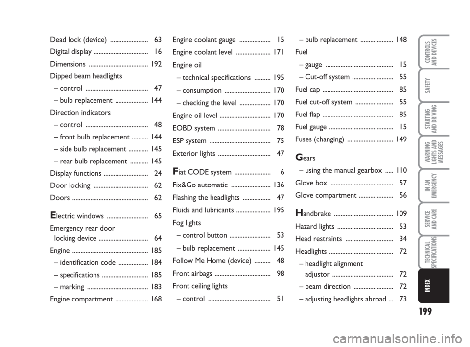 FIAT GRANDE PUNTO 2009 199 / 1.G User Guide 199
SAFETY
STARTING 
AND DRIVING
WARNING
LIGHTS AND
MESSAGES
IN AN
EMERGENCY
SERVICE 
AND CARE
TECHNICAL
SPECIFICATIONS
INDEX
CONTROLS
AND DEVICES
Engine coolant gauge ................... 15
Engine co