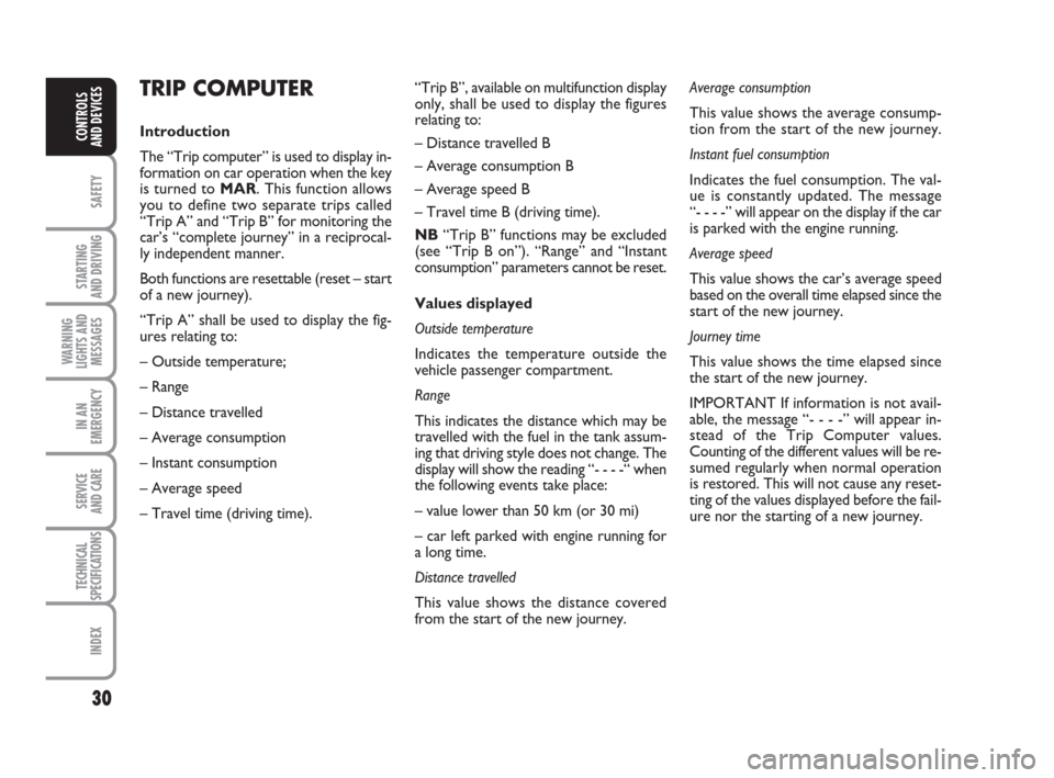 FIAT GRANDE PUNTO 2009 199 / 1.G Owners Manual 30
SAFETY
STARTING 
AND DRIVING
WARNING
LIGHTS AND
MESSAGES
IN AN
EMERGENCY
SERVICE 
AND CARE
TECHNICAL
SPECIFICATIONS
INDEX
CONTROLS
AND DEVICES
TRIP COMPUTER
Introduction
The “Trip computer” is 