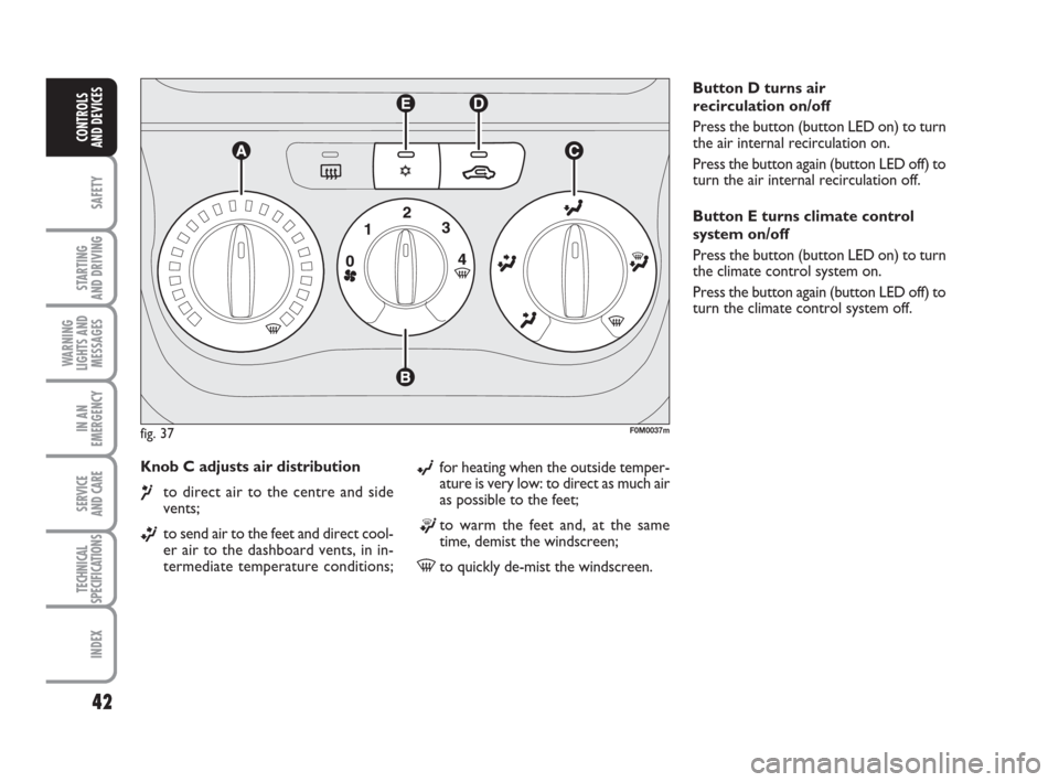 FIAT GRANDE PUNTO 2009 199 / 1.G Owners Manual 42
SAFETY
STARTING 
AND DRIVING
WARNING
LIGHTS AND
MESSAGES
IN AN
EMERGENCY
SERVICE 
AND CARE
TECHNICAL
SPECIFICATIONS
INDEX
CONTROLS
AND DEVICES
Knob C adjusts air distribution 
¶to direct air to th