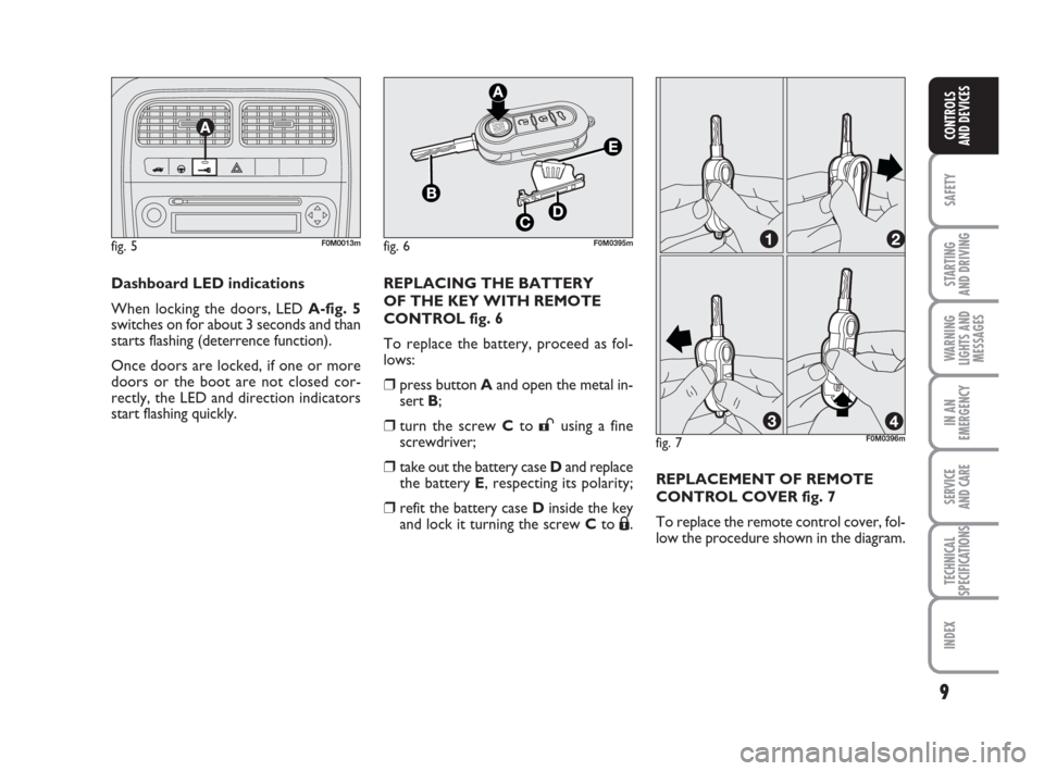FIAT GRANDE PUNTO 2009 199 / 1.G Owners Manual 9
SAFETY
STARTING 
AND DRIVING
WARNING
LIGHTS AND
MESSAGES
IN AN
EMERGENCY
SERVICE 
AND CARE
TECHNICAL
SPECIFICATIONS
INDEX
CONTROLS
AND DEVICES
Dashboard LED indications
When locking the doors, LED A