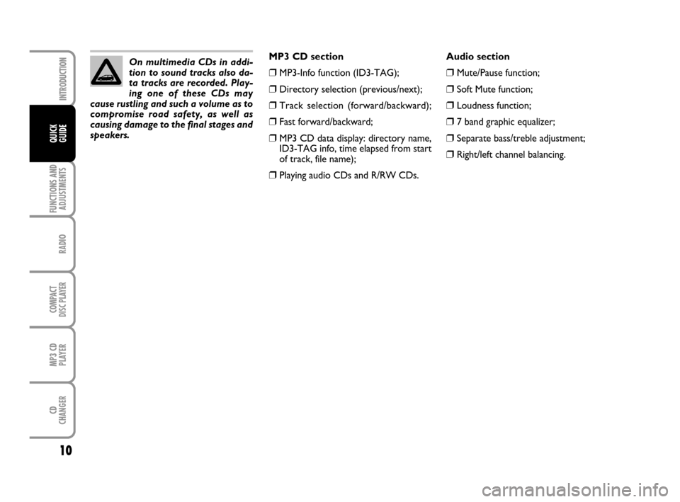 FIAT GRANDE PUNTO 2009 199 / 1.G Radio CD MP3 Manual 10
FUNCTIONS AND
ADJUSTMENTS
RADIO
COMPACT
DISC PLAYER
MP3 CD
PLAYER
CD
CHANGER
INTRODUCTION
QUICK
GUIDE
Audio section
❒Mute/Pause function;
❒Soft Mute function;
❒Loudness function;
❒7 band gr FIAT GRANDE PUNTO 2009 199 / 1.G Radio CD MP3 Manual 10
FUNCTIONS AND
ADJUSTMENTS
RADIO
COMPACT
DISC PLAYER
MP3 CD
PLAYER
CD
CHANGER
INTRODUCTION
QUICK
GUIDE
Audio section
❒Mute/Pause function;
❒Soft Mute function;
❒Loudness function;
❒7 band gr