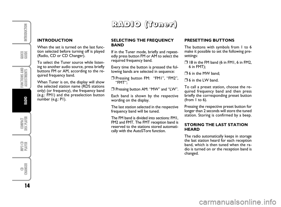 FIAT GRANDE PUNTO 2009 199 / 1.G Radio CD MP3 Manual QUICK
GUIDE
14
FUNCTIONS AND
ADJUSTMENTS
COMPACT
DISC PLAYER
MP3 CD
PLAYER
CD
CHANGER
INTRODUCTION
RADIO
SELECTING THE FREQUENCY
BAND
If in the Tuner mode, briefly and repeat-
edly press button FM or 