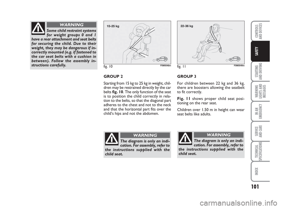 FIAT GRANDE PUNTO 2010 199 / 1.G Owners Manual 101
STARTING 
AND DRIVING
WARNING
LIGHTS AND
MESSAGES
IN AN
EMERGENCY
SERVICE 
AND CARE
TECHNICAL
SPECIFICATIONS
INDEX
CONTROLS 
AND DEVICES
SAFETY
fig. 10F0M0048m
GROUP 2
Starting from 15 kg to 25 kg