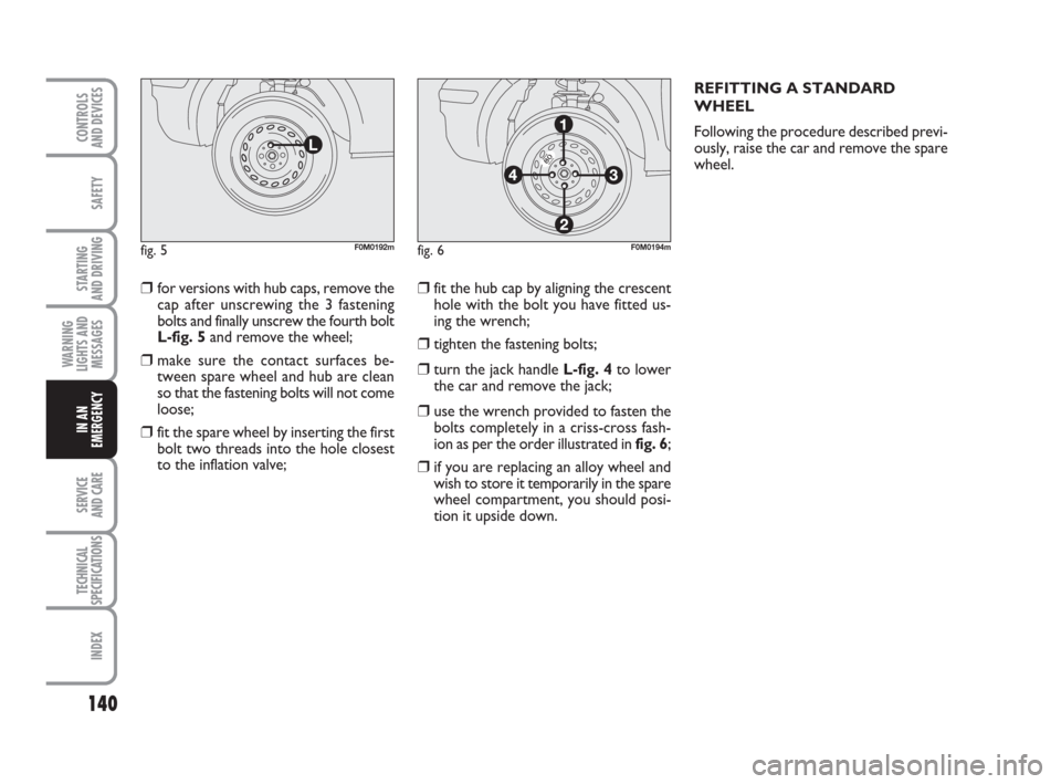FIAT GRANDE PUNTO 2010 199 / 1.G Owners Manual 140
SAFETY
STARTING 
AND DRIVING
WARNING
LIGHTS AND
MESSAGES
SERVICE 
AND CARE
TECHNICAL
SPECIFICATIONS
INDEX
CONTROLS 
AND DEVICES
IN AN
EMERGENCY
❒ for versions with hub caps, remove the
cap after