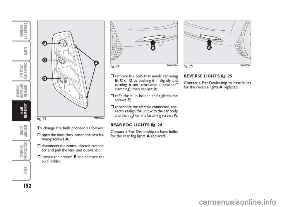 FIAT GRANDE PUNTO 2010 199 / 1.G Owners Manual 152
SAFETY
STARTING 
AND DRIVING
WARNING
LIGHTS AND
MESSAGES
SERVICE 
AND CARE
TECHNICAL
SPECIFICATIONS
INDEX
CONTROLS 
AND DEVICES
IN AN
EMERGENCY
To change the bulb proceed as follows:
❒open the b