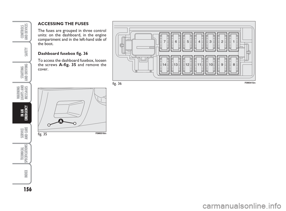 FIAT GRANDE PUNTO 2010 199 / 1.G Workshop Manual 156
SAFETY
STARTING 
AND DRIVING
WARNING
LIGHTS AND
MESSAGES
SERVICE 
AND CARE
TECHNICAL
SPECIFICATIONS
INDEX
CONTROLS 
AND DEVICES
IN AN
EMERGENCY
ACCESSING THE FUSES
The fuses are grouped in three c