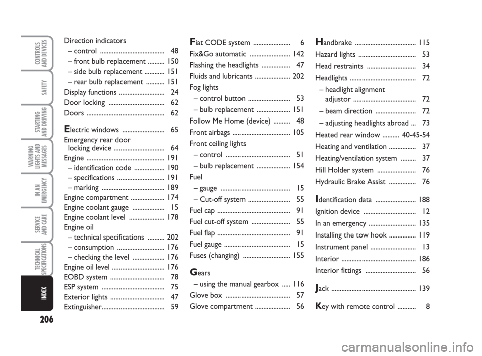 FIAT GRANDE PUNTO 2010 199 / 1.G Manual Online 206
SAFETY
STARTING 
AND DRIVING
WARNING
LIGHTS AND
MESSAGES
IN AN
EMERGENCY
SERVICE 
AND CARE
TECHNICAL
SPECIFICATIONS
INDEX
CONTROLS 
AND DEVICES
Fiat CODE system ...................... 6
Fix&Go aut