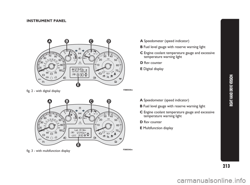 FIAT GRANDE PUNTO 2010 199 / 1.G Manual Online INSTRUMENT PANEL
F0M0539mfig. 2 - with digital display
F0M0540mfig. 3 - with multifunction display
ASpeedometer (speed indicator)
BFuel level gauge with reserve warning light
CEngine coolant temperatu