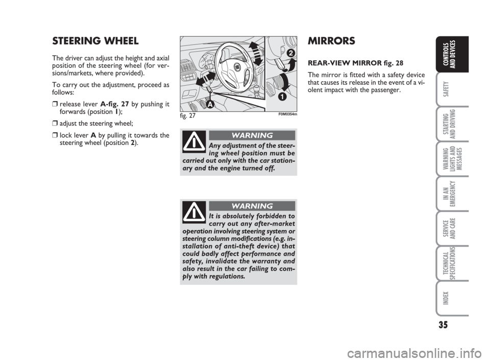 FIAT GRANDE PUNTO 2010 199 / 1.G Owners Manual 35
SAFETY
STARTING 
AND DRIVING
WARNING
LIGHTS AND
MESSAGES
IN AN
EMERGENCY
SERVICE 
AND CARE
TECHNICAL
SPECIFICATIONS
INDEX
CONTROLS 
AND DEVICES
MIRRORS
REAR-VIEW MIRROR fig. 28
The mirror is fitted