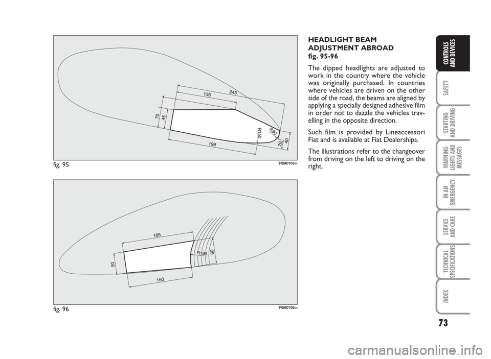 FIAT GRANDE PUNTO 2010 199 / 1.G Manual PDF 73
SAFETY
STARTING
AND DRIVING
WARNING
LIGHTS AND
MESSAGES
IN AN
EMERGENCY
SERVICE
AND CARE
TECHNICAL
SPECIFICATIONS
INDEX
CONTROLS
AND DEVICES
HEADLIGHT BEAM
ADJUSTMENT ABROAD
fig. 95-96
The dipped h